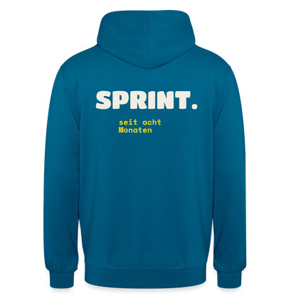 Sprint. Seit acht Monaten. Motiv-Hoodie unisex, Farbe Tiefseeblau