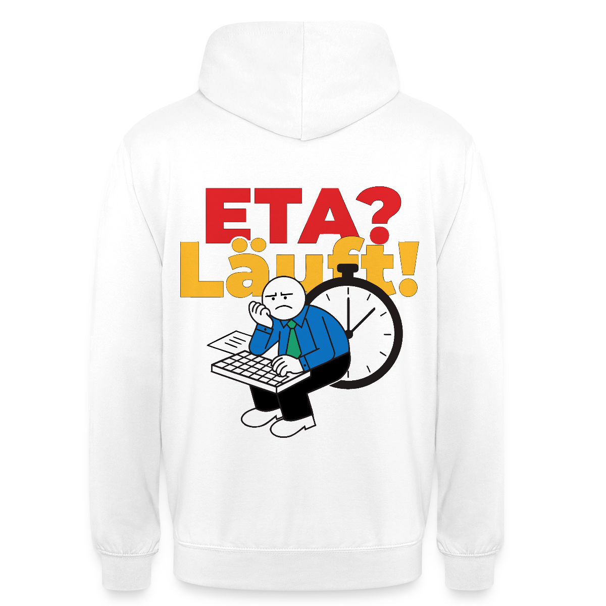 "ETA? Läuft! Strichfiguren-Motiv" Motiv-Hoodie unisex, Farbe Weiß