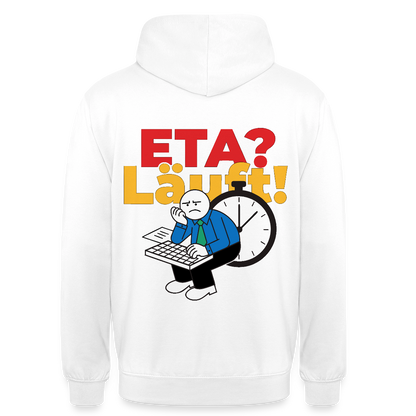 "ETA? Läuft! Strichfiguren-Motiv" Motiv-Hoodie unisex, Farbe Weiß