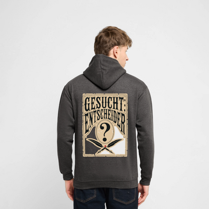 "Gesucht: Entscheider. Steckbrief-Motiv" Motiv-Hoodie unisex, Farbe Anthrazit, Model
