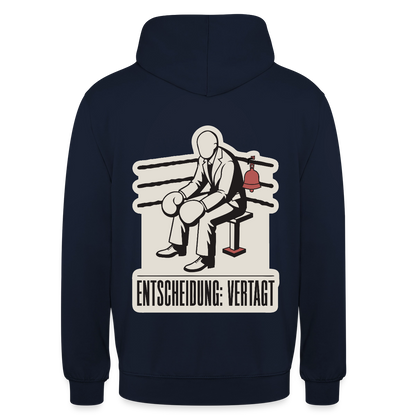 "Entscheidung: vertagt. Boxplakat-Motiv" Motiv-Hoodie unisex, Farbe Navy