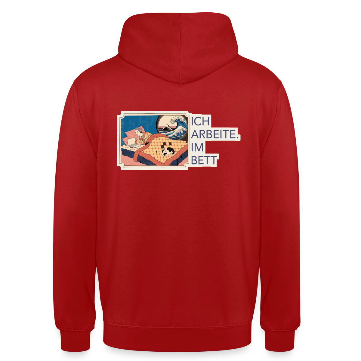 Ich arbeite. Im Bett. Motiv-Hoodie unisex, Farbe Rot