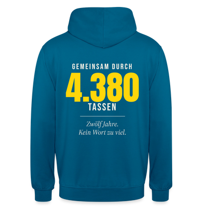 "Gemeinsam durch 4.380 Tassen" Motiv-Hoodie unisex, Farbe Tiefseeblau