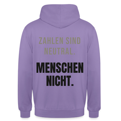 "Zahlen sind neutral. Menschen nicht." Motiv-Hoodie unisex, Farbe Lavendel