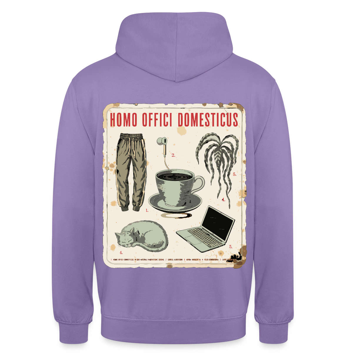 Homo Offici Domesticus Motiv-Hoodie unisex, Farbe Lavendel, Model