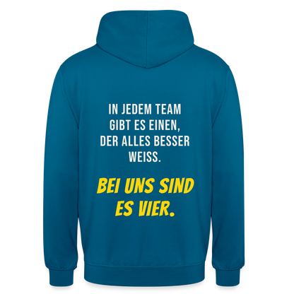 "In jedem Team gibt es einen, der alles besser weiß. Bei uns sind es vier." Motiv-Hoodie unisex, Farbe Tiefseeblau