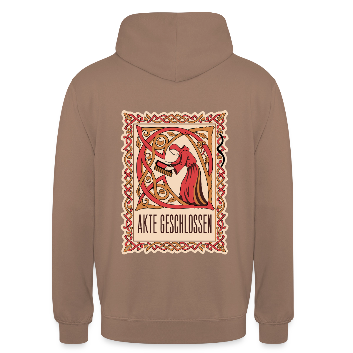 "Akte geschlossen. Buchmalerei-Motiv" Motiv-Hoodie unisex, Farbe Mokka