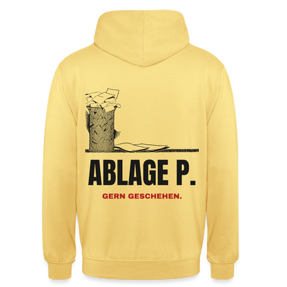 "Ablage P. Gern geschehen." Motiv-Hoodie unisex, Farbe Zitronengelb