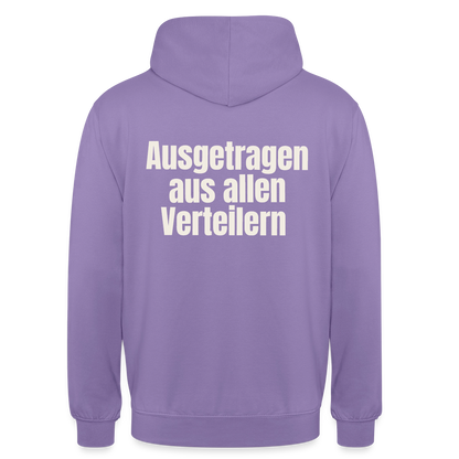 "Ausgetragen aus allen Verteilern" Motiv-Hoodie unisex, Farbe Lavendel
