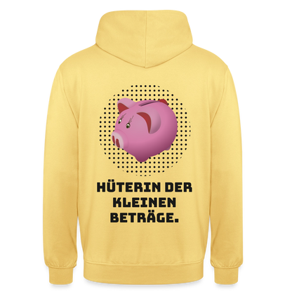 "Hüterin der kleinen Beträge." Motiv-Hoodie unisex, Farbe Zitronengelb