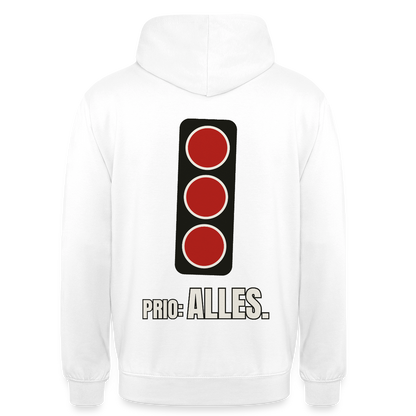 "Prio: alles." Motiv-Hoodie unisex, Farbe Weiß