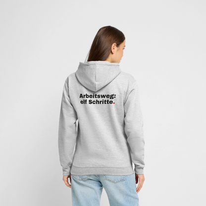 Arbeitsweg: elf Schritte Motiv-Hoodie unisex, Farbe Hellgrau meliert, Model