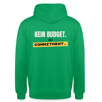 "Kein Budget. Aber Commitment." Motiv-Hoodie unisex, Farbe Kelly Green