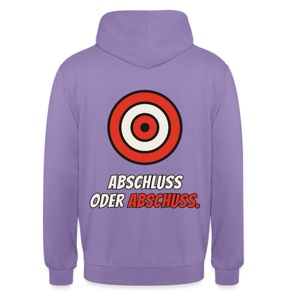 Abschluss oder Abschuss. Motiv-Hoodie unisex, Farbe Lavendel