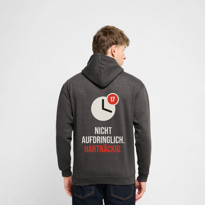 "Nicht aufdringlich. Hartnäckig." Motiv-Hoodie unisex, Farbe Anthrazit, Model