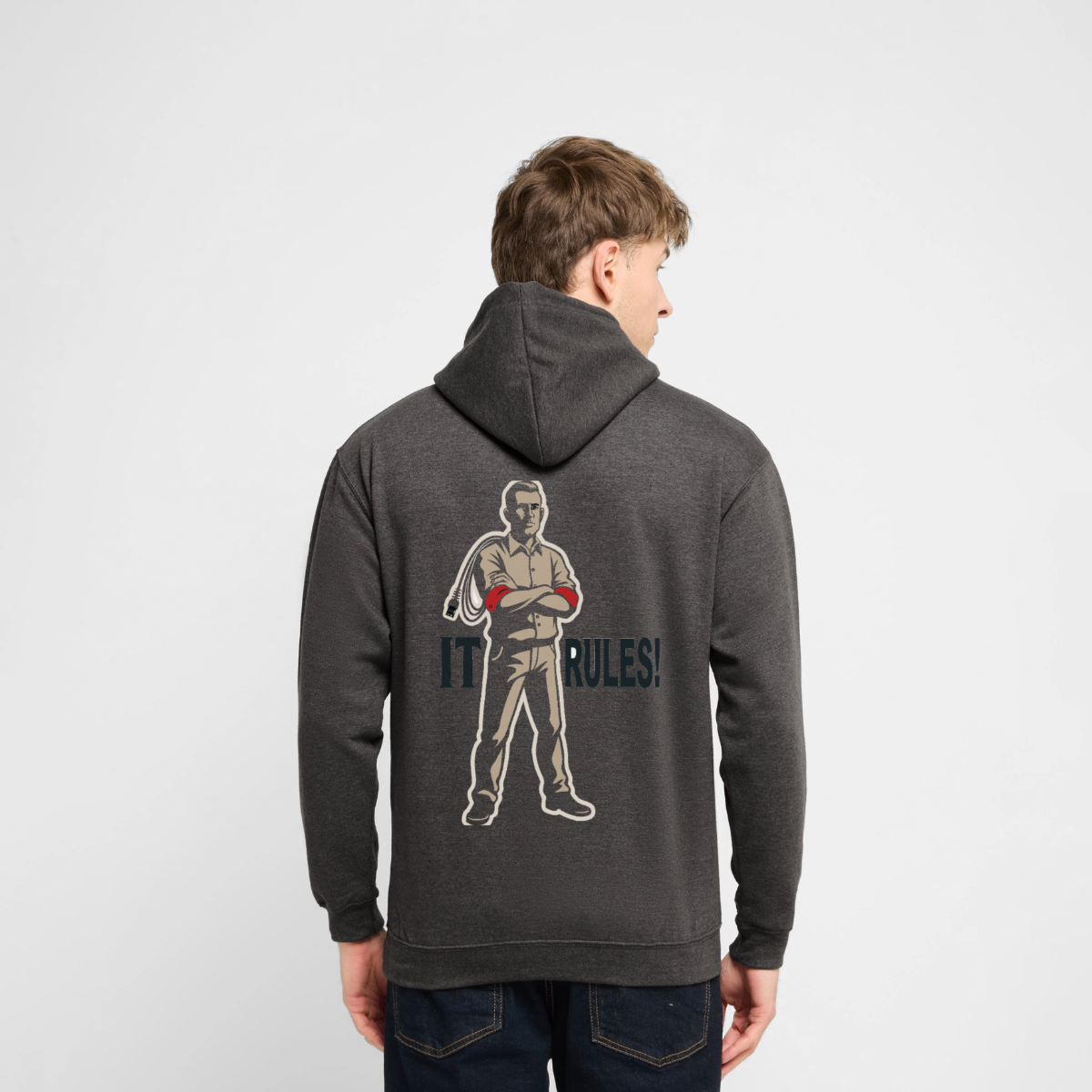 "IT rules!" Motiv-Hoodie unisex, Farbe Anthrazit, Model