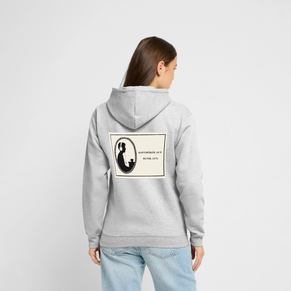 Kopfhörer auf. Musik aus. Motiv-Hoodie unisex, Farbe Hellgrau meliert, Model