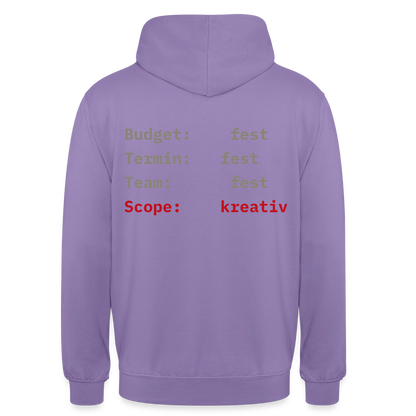 Budget: fest. Termin: fest. Team: fest. Scope: kreativ. Motiv-Hoodie unisex, Farbe Lavendel