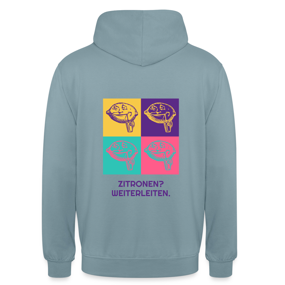 Zitronen? Weiterleiten. Pop-Art-Motiv Motiv-Hoodie unisex, Farbe Nebelblau