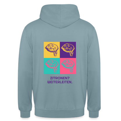 Zitronen? Weiterleiten. Pop-Art-Motiv Motiv-Hoodie unisex, Farbe Nebelblau