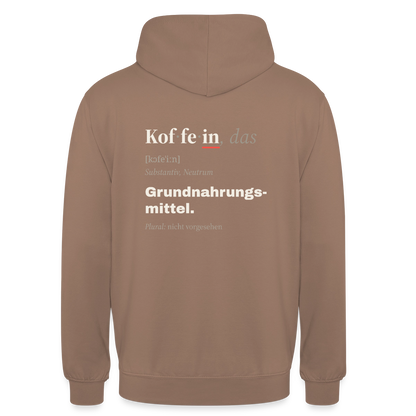 "Koffein, das: Grundnahrungsmittel." Motiv-Hoodie unisex, Farbe Mokka