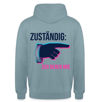 "Zuständig: der neben mir. Glitch-Motiv" Motiv-Hoodie unisex, Farbe Nebelblau