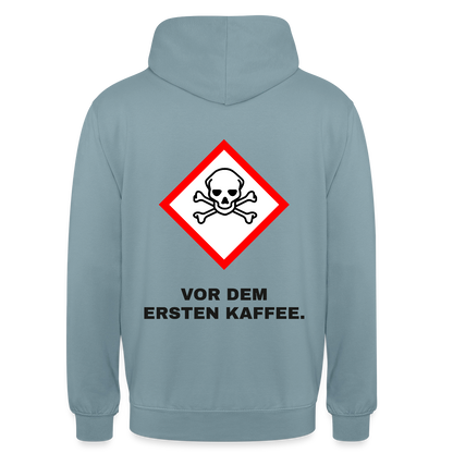 "Vor dem ersten Kaffee. Gefahrzeichen" Motiv-Hoodie unisex, Farbe Nebelblau