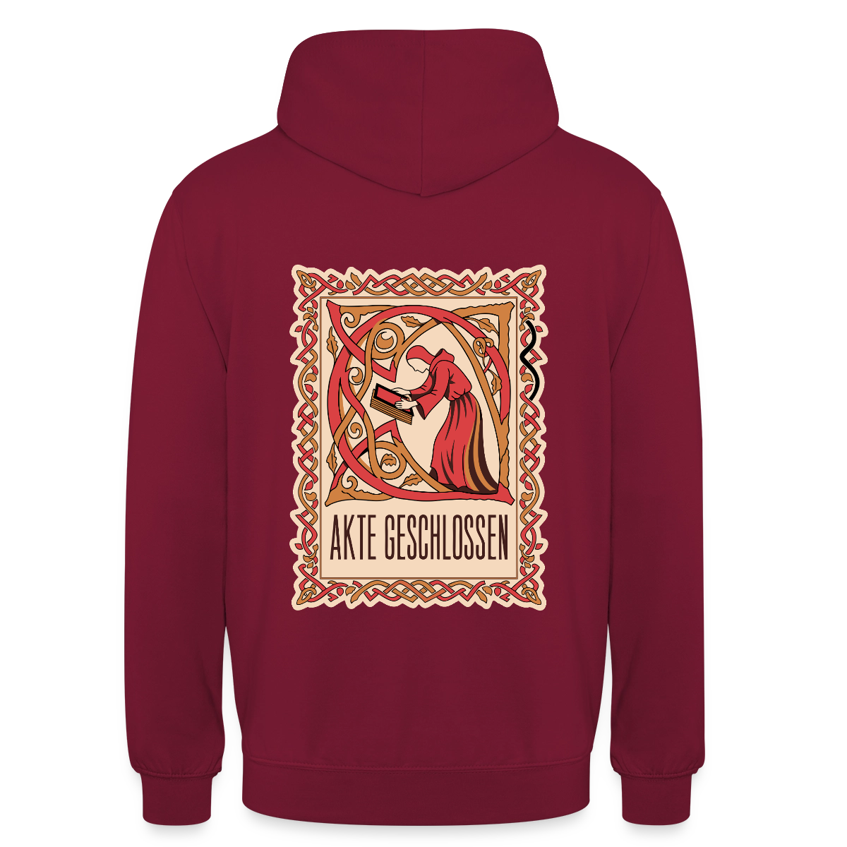 "Akte geschlossen. Buchmalerei-Motiv" Motiv-Hoodie unisex, Farbe Bordeaux
