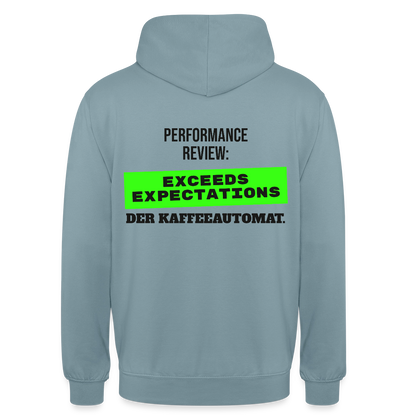 Performance Review: Exceeds Expectations. Der Kaffeeautomat. Motiv-Hoodie unisex, Farbe Nebelblau