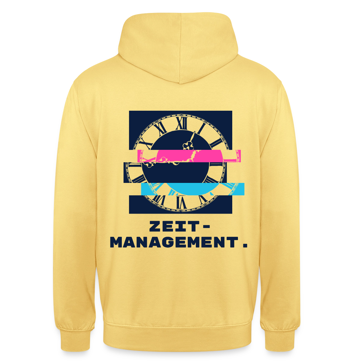 "Zeitmanagement. Glitch-Motiv" Motiv-Hoodie unisex, Farbe Zitronengelb