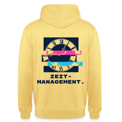 "Zeitmanagement. Glitch-Motiv" Motiv-Hoodie unisex, Farbe Zitronengelb