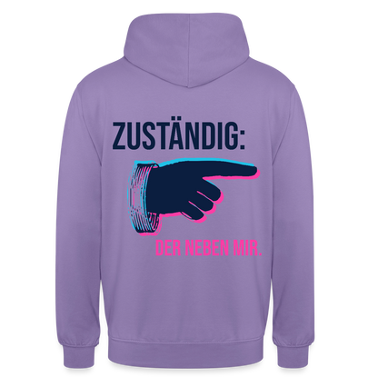 "Zuständig: der neben mir. Glitch-Motiv" Motiv-Hoodie unisex, Farbe Lavendel