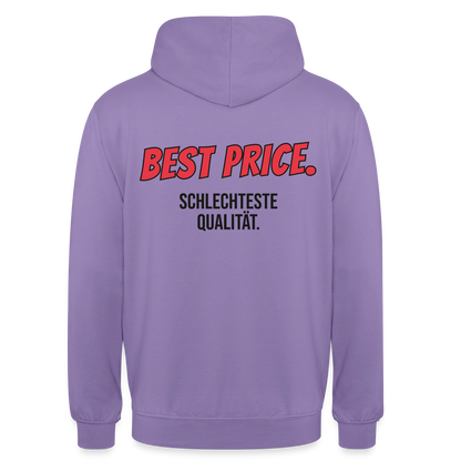 "Best Price. Schlechteste Qualität." Motiv-Hoodie unisex, Farbe Lavendel
