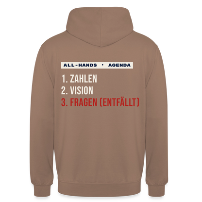 All-Hands-Agenda: 1 Zahlen, 2 Vision, 3 Fragen (entfällt) Motiv-Hoodie unisex, Farbe Mokka