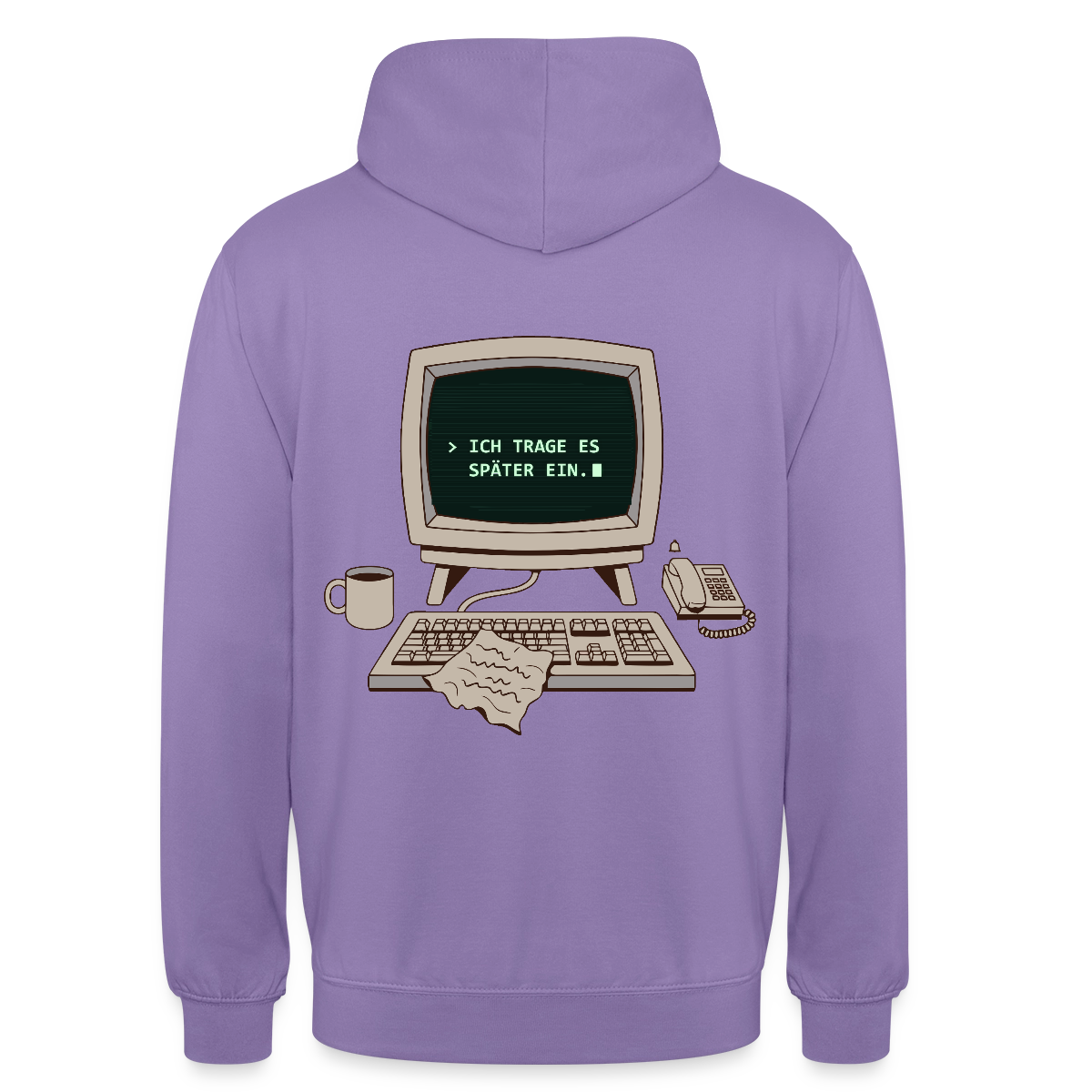 Ich trage es später ein. Motiv-Hoodie unisex, Farbe Lavendel