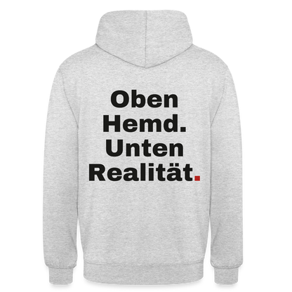 Oben Hemd, unten Realität Motiv-Hoodie unisex, Farbe Hellgrau meliert