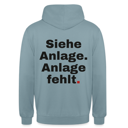 "Siehe Anlage. Anlage fehlt." Motiv-Hoodie unisex, Farbe Nebelblau