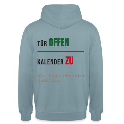 Tür offen. Kalender zu. Motiv-Hoodie unisex, Farbe Nebelblau