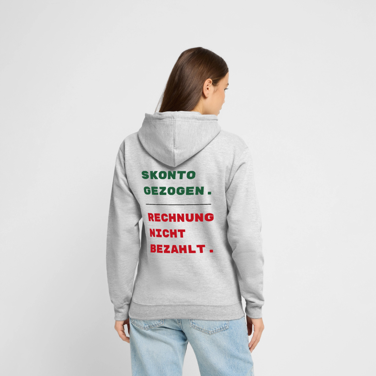 "Skonto gezogen. Rechnung nicht bezahlt." Motiv-Hoodie unisex, Farbe Hellgrau meliert