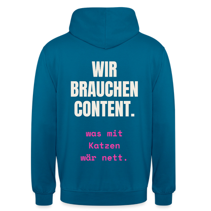 Wir brauchen Content. Was mit Katzen wär nett. Motiv-Hoodie unisex, Farbe Tiefseeblau