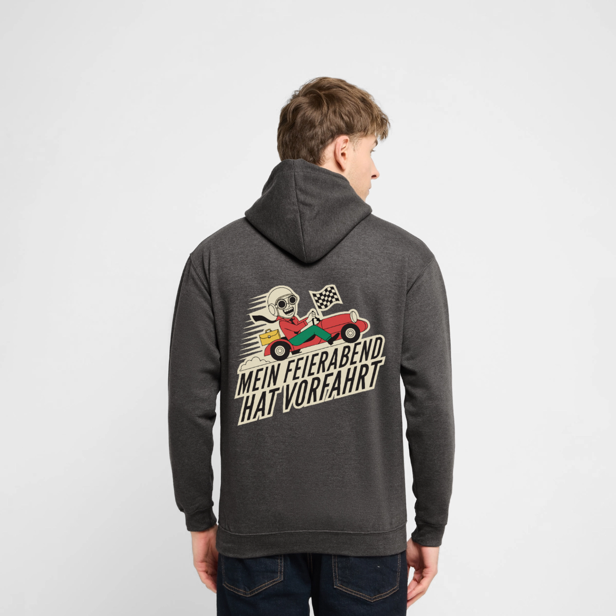 Mein Feierabend hat Vorfahrt. Motiv-Hoodie unisex, Farbe Anthrazit, Model