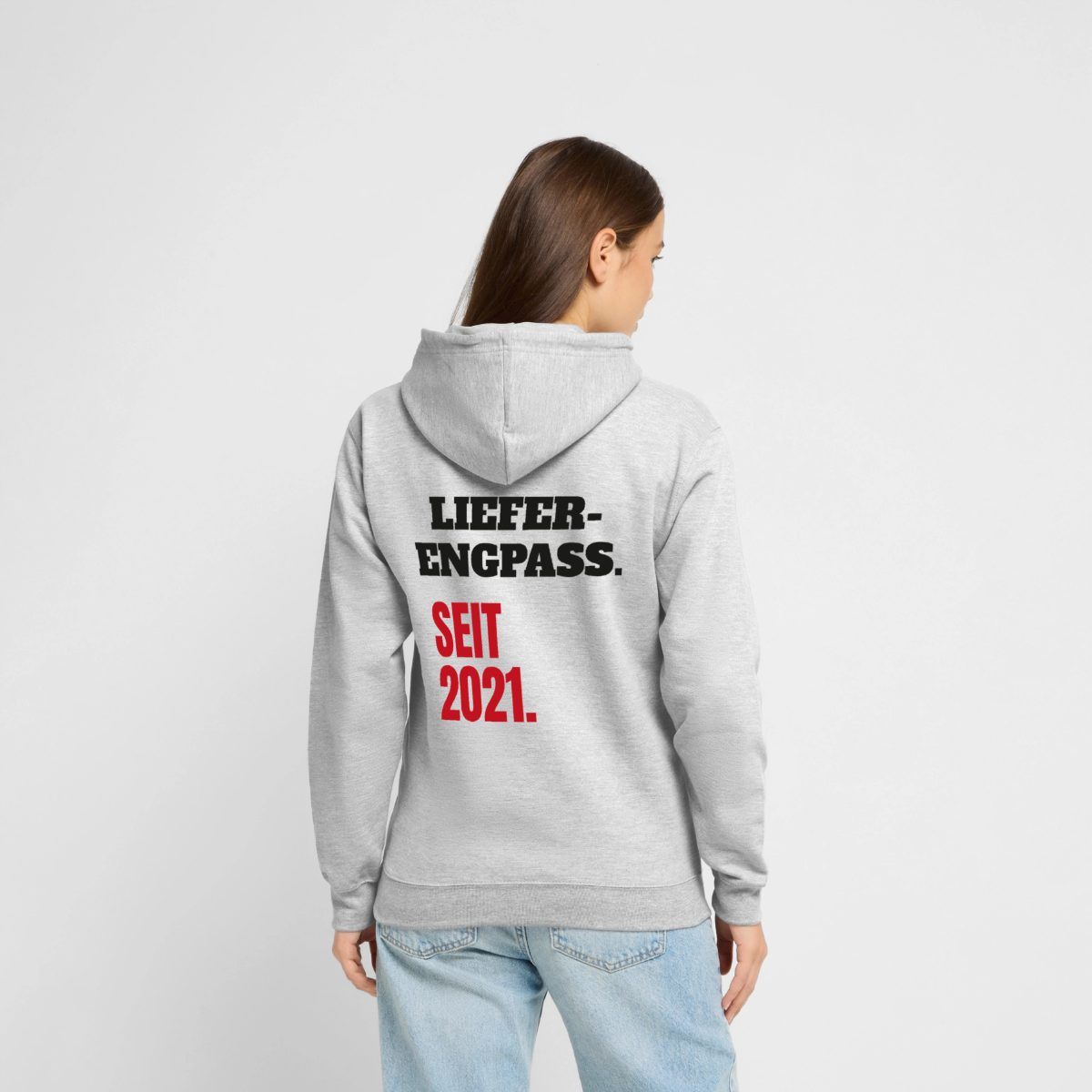 Lieferengpass. Seit 2021. Motiv-Hoodie unisex, Farbe Hellgrau meliert, Model