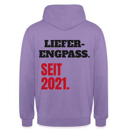 "Lieferengpass. Seit 2021." Motiv-Hoodie unisex, Farbe Lavendel