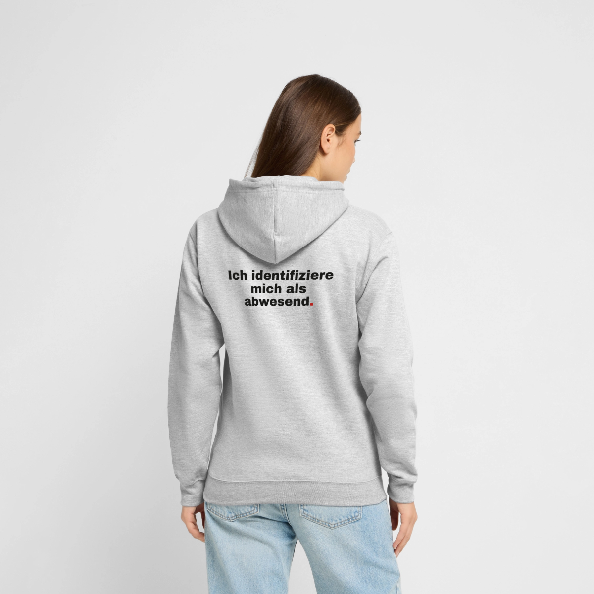 Ich identifiziere mich als abwesend Motiv-Hoodie unisex, Farbe Hellgrau meliert, Model