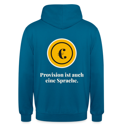Provision ist auch eine Sprache. Motiv-Hoodie unisex, Farbe Tiefseeblau
