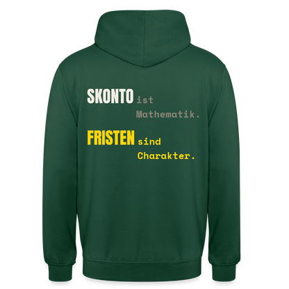"Skonto ist Mathematik. Fristen sind Charakter." Motiv-Hoodie unisex, Farbe Flaschengrün