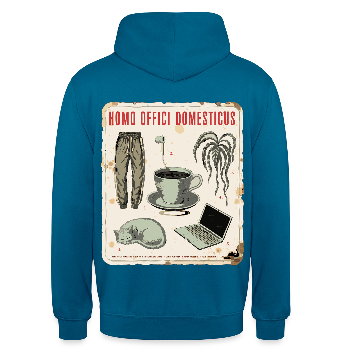 Homo Offici Domesticus Motiv-Hoodie unisex, Farbe Tiefseeblau, Model