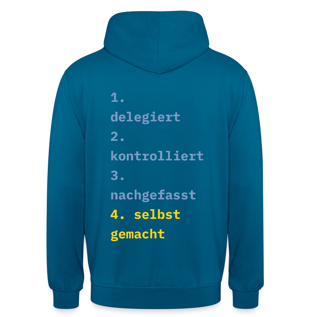 Delegiert. Kontrolliert. Nachgefasst. Selbst gemacht. Motiv-Hoodie unisex, Farbe Tiefseeblau