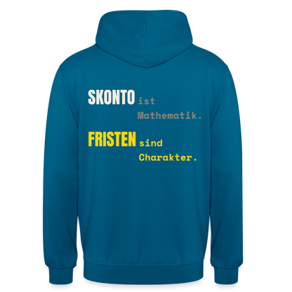 "Skonto ist Mathematik. Fristen sind Charakter." Motiv-Hoodie unisex, Farbe Tiefseeblau