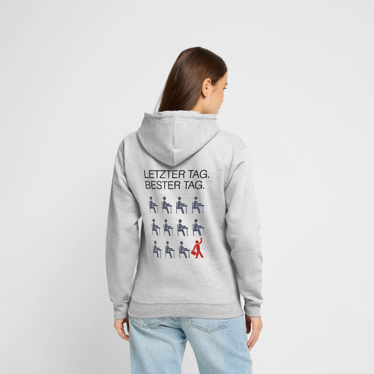 Letzter Tag. Bester Tag. Motiv-Hoodie unisex, Farbe Hellgrau meliert, Model